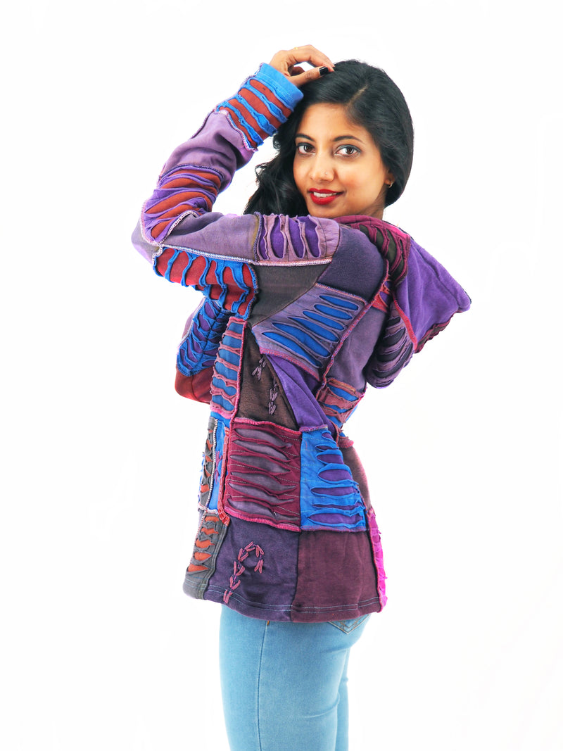 Handmade Patchwork Boho Hoodie 100% Pre-Washed Cotton Purple Tones Fleece Lined S-M-L-XL