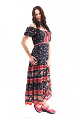 Bohemian Gypsy Hippy Rayon Light Weight Long Dress Black Floral S-M-L