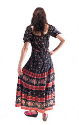 Bohemian Gypsy Hippy Rayon Light Weight Long Dress Black Floral S-M-L