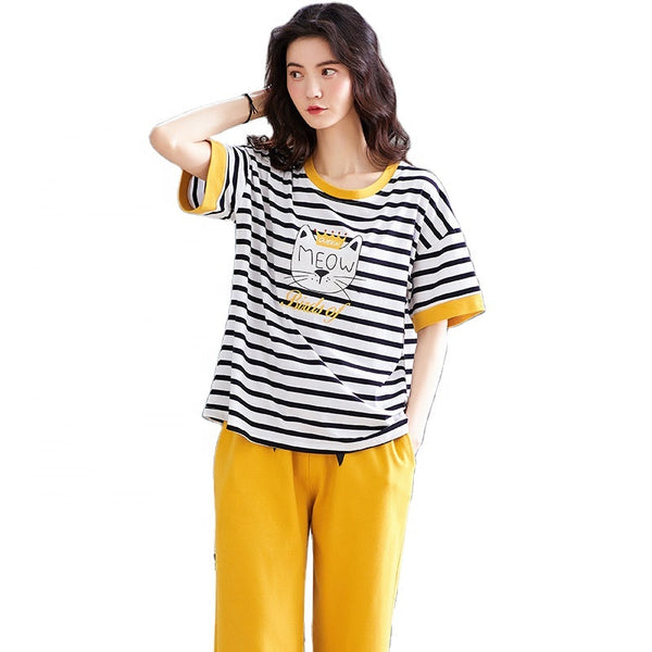 Sleep Wear 100% Soft Cotton Cat Print Striped Pajama Set Lounge wear M L XL XXL