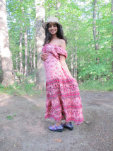 Bohemian Gypsy Hippy Rayon Light Weight Long Dress Pink Floral S-M-L