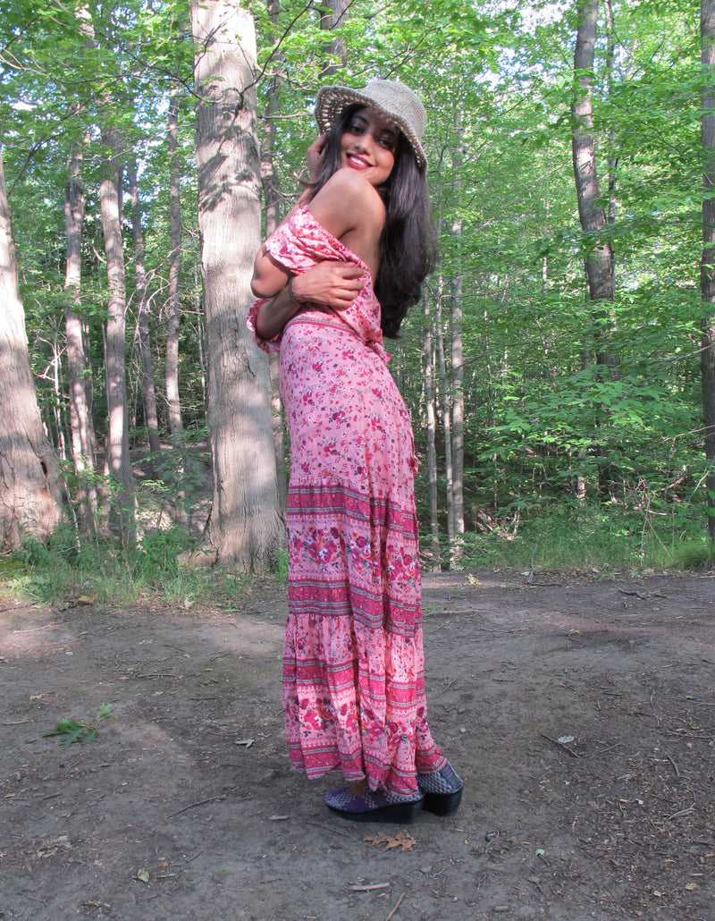 Bohemian Gypsy Hippy Rayon Light Weight Long Dress Pink Floral S-M-L