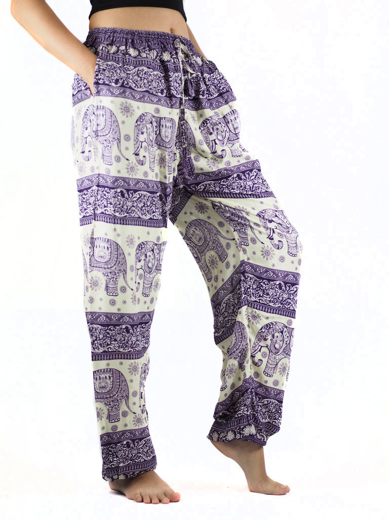 Cute Elephant Unisex Drawstring Genie Harem Yoga Pants in Purple Color OS