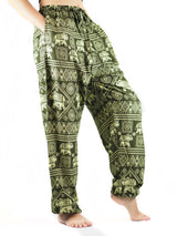 Elephant print Unisex Drawstring Genie Pants In Green Color OS