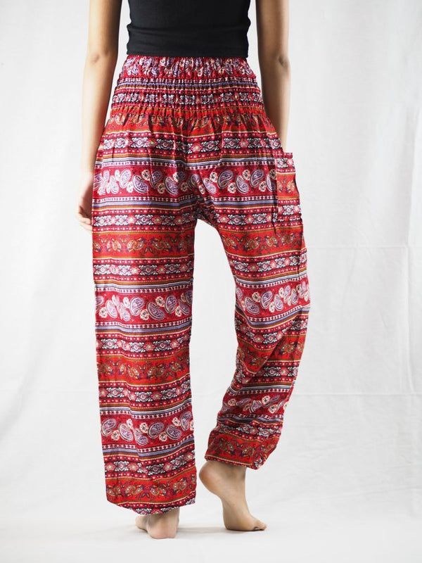 Paisley Cute Stripes Unisex Smocked Harem Yoga Pants in Red Color M