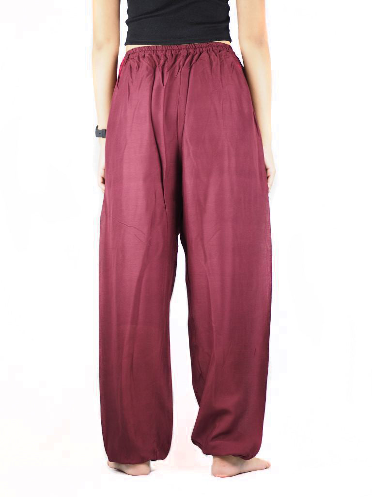 Solid Color Unisex Drawstring Genie Pants In Burgundy OS