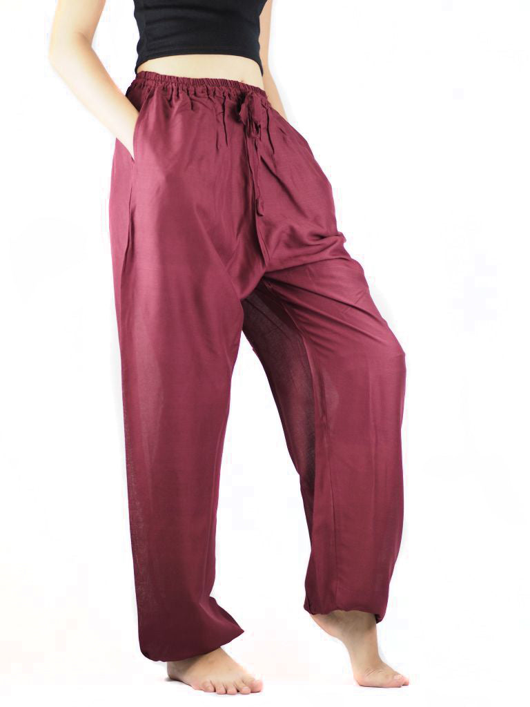 Solid Color Unisex Drawstring Genie Pants In Burgundy OS