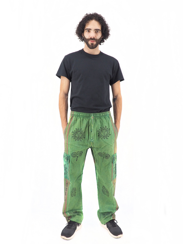 Unisex Handmade Casual Boho Green Cotton Patch Work Pants Size S-M-L-XL