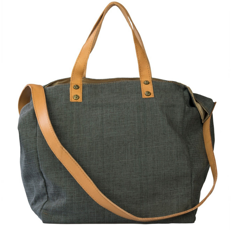 Gray Canvas Handbag Leather Handles & Shoulder Strap