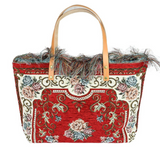 Red Tapestry Handbag Leather Handles